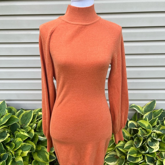 NWT Orange Mock Neck Long Lantern Sleeve Bodycon Pullover Mini Sweater Dress - Picture 8 of 11